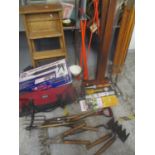 A mixed lot to include a vintage folding ladder, garden tools, boxed pointing and grouting gun kit