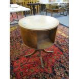 A reproduction walnut inlaid Canterbury/ occasional table, circular swivel drum shaped top with