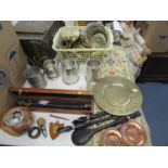 A mixed lot to include mixed brass ornaments and horse brasses, fire irons set, pewter mugs,