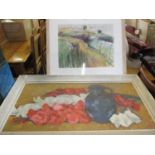 A modern mixed media abstract indistinctly signed together with a James Fry 1911-1985 still life oil