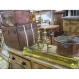 Two small vintage suitcases, brass fire dogs, implements and fire accessories and other metalware