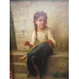 F Giordani - late 20th century Italian study of a young girl sewing, seated on stone steps outside a