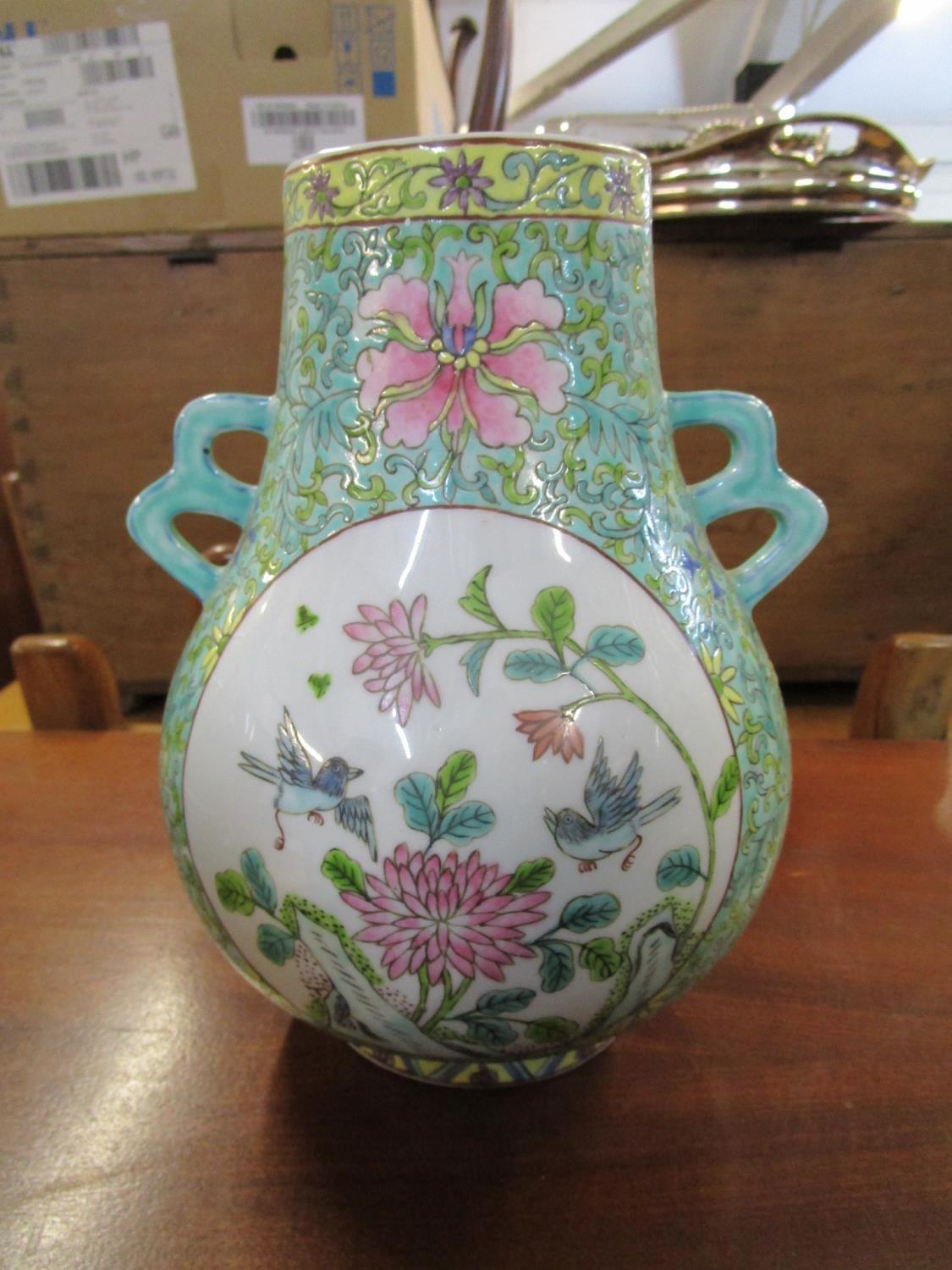 A group of mid century and later Chinese porcelain vases to include a twin handles vase - Image 2 of 7