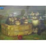 TL or TC - Kittens in a basket with their mother and a ball of string, oil painting, monogram to
