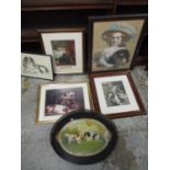 Dog related prints to include a Victorian portrait of a girl with a spaniel, a tray painted with