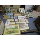 A mixed lot of framed and glazed watercolours, prints and oil paintings to include a landscape
