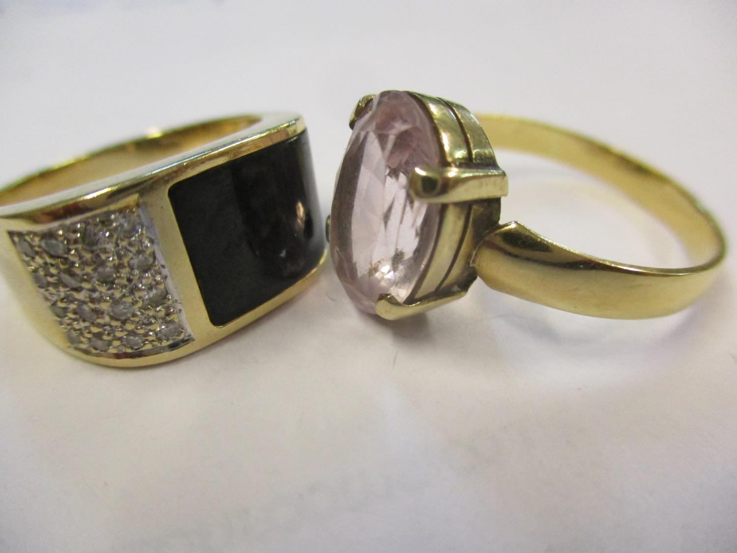 A gents 14ct, black stone and diamond chip ring, 5.1g together with a yellow metal and pink sapphire - Image 2 of 2