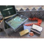 A French bronze tablet, a vintage coral necklace, costume jewellery to include a thin gold