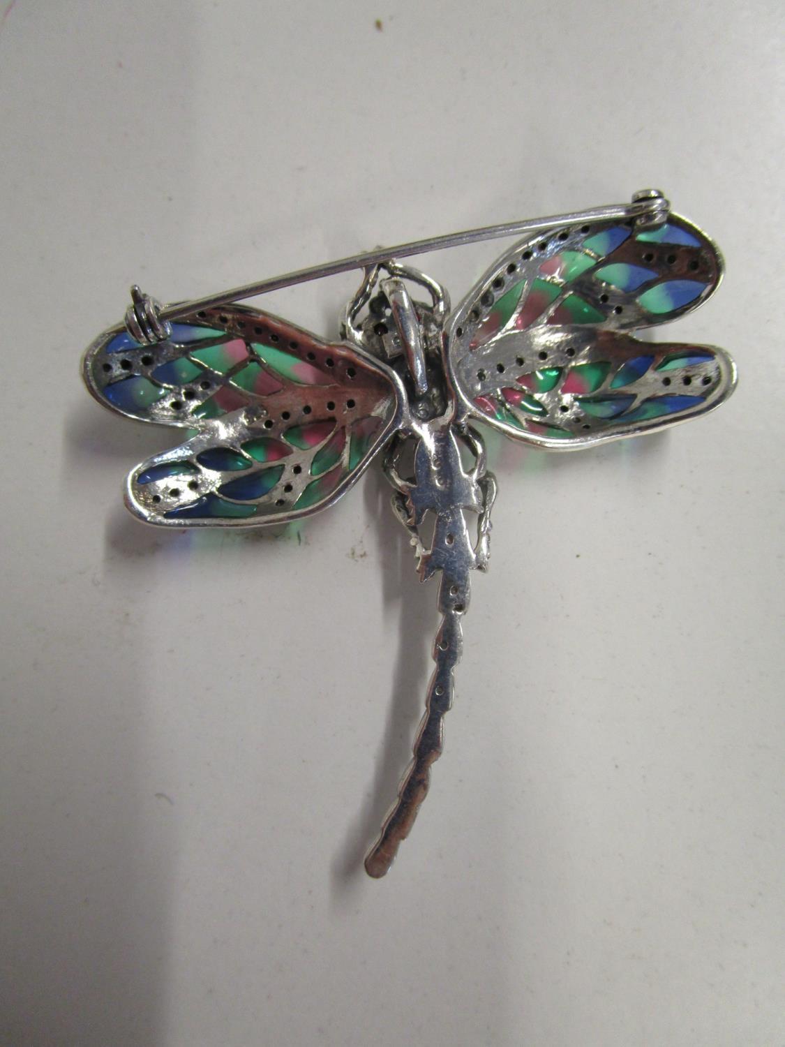 Silver dragonfly brooch/pendant set with ruby eyes and marcasites, and inlaid with coloured enamel - Image 2 of 2