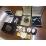 Mixed jewellery and coins to include a 9ct gold paste set ring 1.45grams and a gents wristwatch