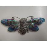 Large silver moth/winged insect brooch/pendant set with ruby eyes and marcasites, and inlaid with