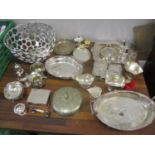 Silver plate to include sauce boats, a twin handled tray, condiments, a bread basket tray, a sugar