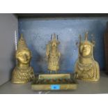 A group of three West African Benin style brass busts and a tribal art brass tray