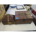 Two wooden middle Eastern/North African boxes, one with applied brass work, lock and carrying handle