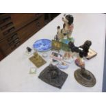 A collection of dog ornaments to include three Limoges pill boxes, a miniature oil painting on brass