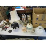 A mixed lot of table lamps, one with fabric shade, a ceiling light with milk glass shade, mixed