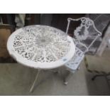 An aluminium garden white painted circular table and single chair 65cm h x 68cm h