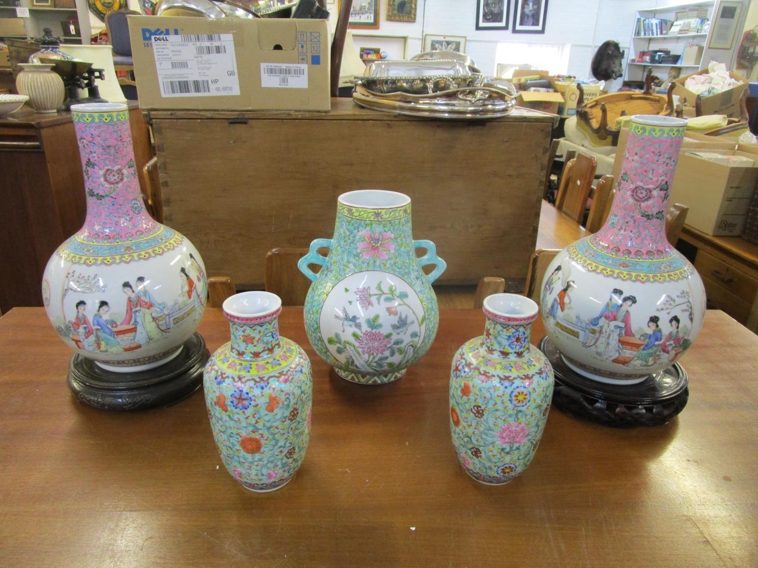 A group of mid century and later Chinese porcelain vases to include a twin handles vase