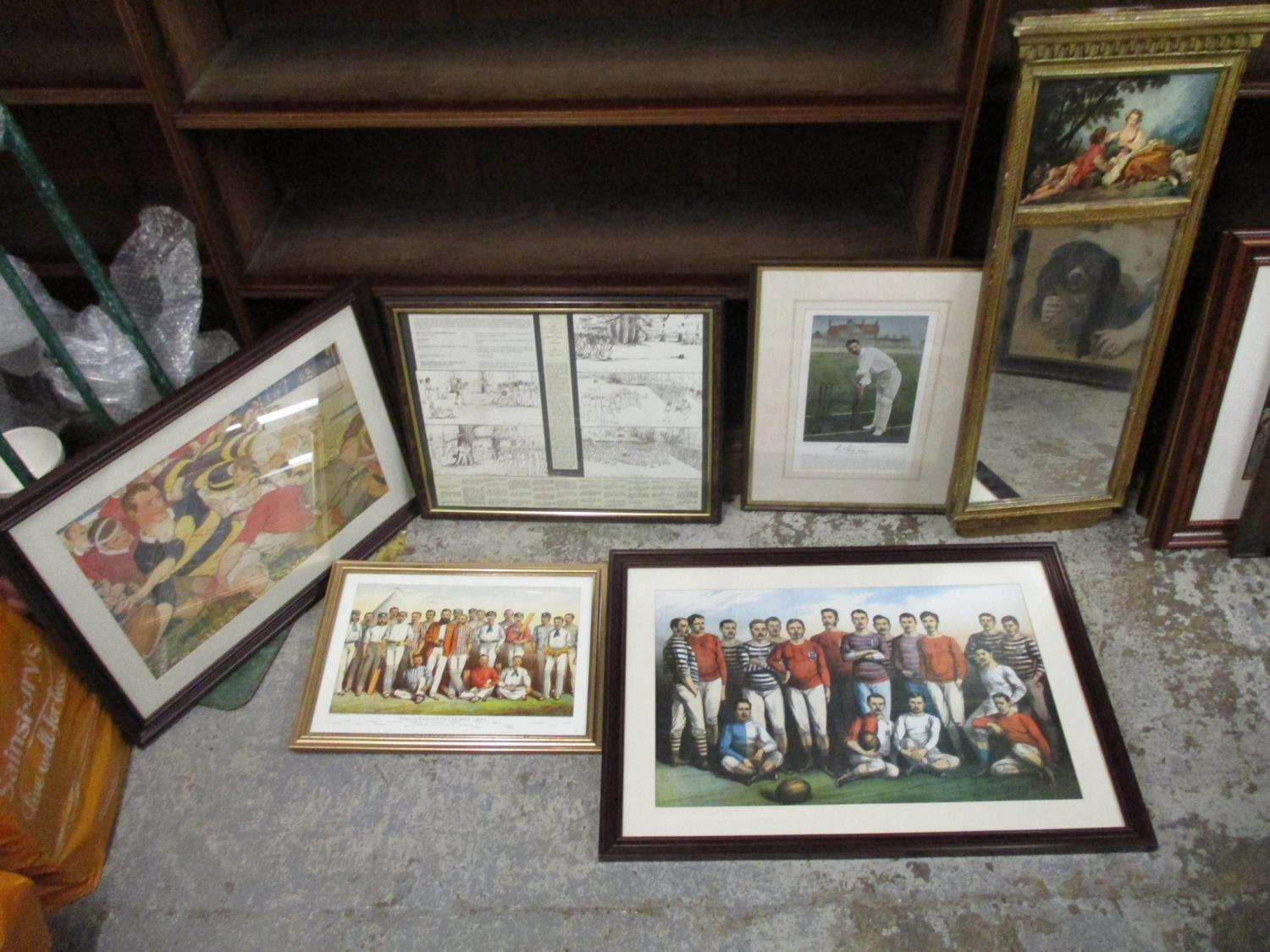 Sporting related prints to include Cricket and Rugby and a gilt framed mirror