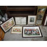 Sporting related prints to include Cricket and Rugby and a gilt framed mirror