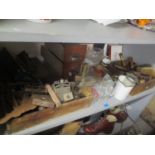 A mixed lot to include vintage tools, cut glassware, postcards, military stripes and other items