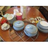 Denby pottery tableware in cornflower blue and white, mixed kitchenware and an overhead circular