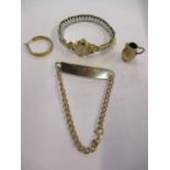 A 9ct gold identity bracelet, a 9ct gold single earring, a gold coloured miniature jug and an 18ct