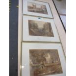 Three antiquarian prints of castle scenes in the background, unsigned