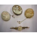 A 9ct gold and cameo bar brooch together with three cameo brooches