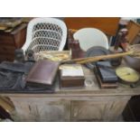 A mixed lot of items to include bicycle lamps, leather cased folding camera, mixed cutlery, a pair