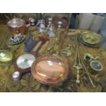 A mixed lot to include a wall hanging tapestry, fireside implements, a Victorian copper kettle, a