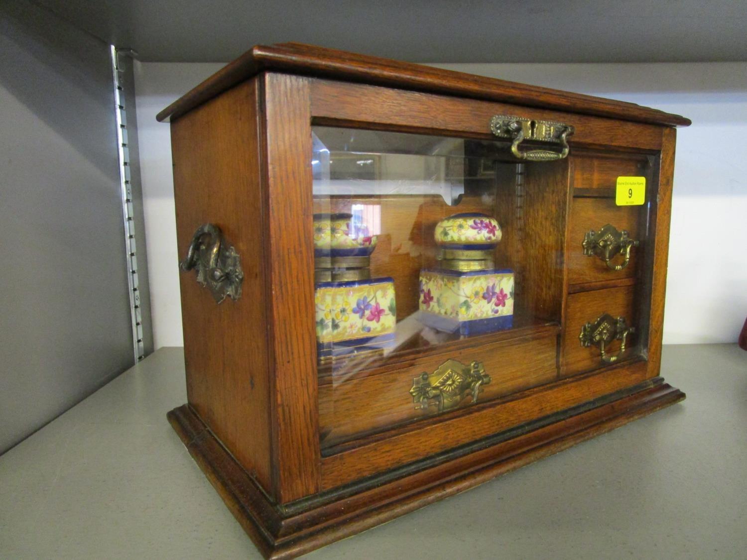 A Victorian oak stationery box with hinged lid and glazed fall front, fitted interior with three - Image 2 of 2