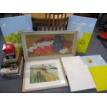 Mixed pictures to include abstracts, one signed James Fry of a still life oil on board, together