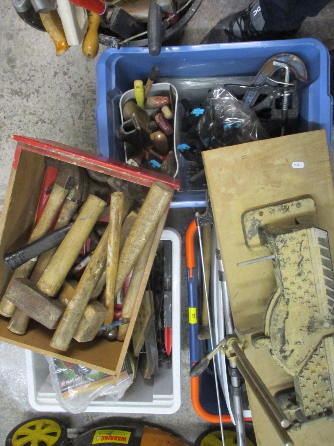 A quantity of hand tools to include Mitre saw and hammers etc (5 boxes)