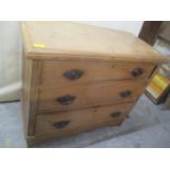 A late Victorian pine chest of three long drawers standing on bracket shaped feet 77.5h x 90cm w