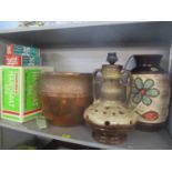 A mixed lot to include a large copper hammered bowl, retro lamp, West German vase and a Hanimex