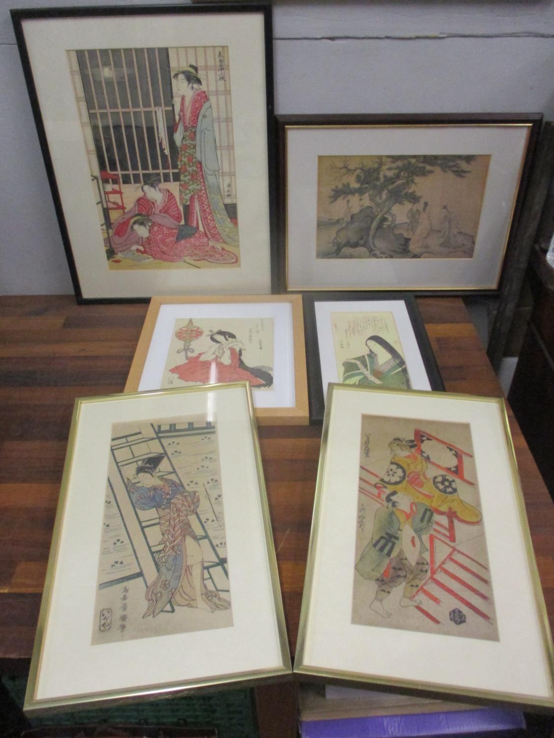 A group of six reproduction framed and glazed Japanese pictures and prints to include Shuman,