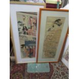 Shunsen framed and glazed woodblock print together with Meiji reproduction of Kiyonaga