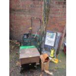Tools and outdoor equipment to include an outdoor chair, sprinkler, folding washing line, a wooden