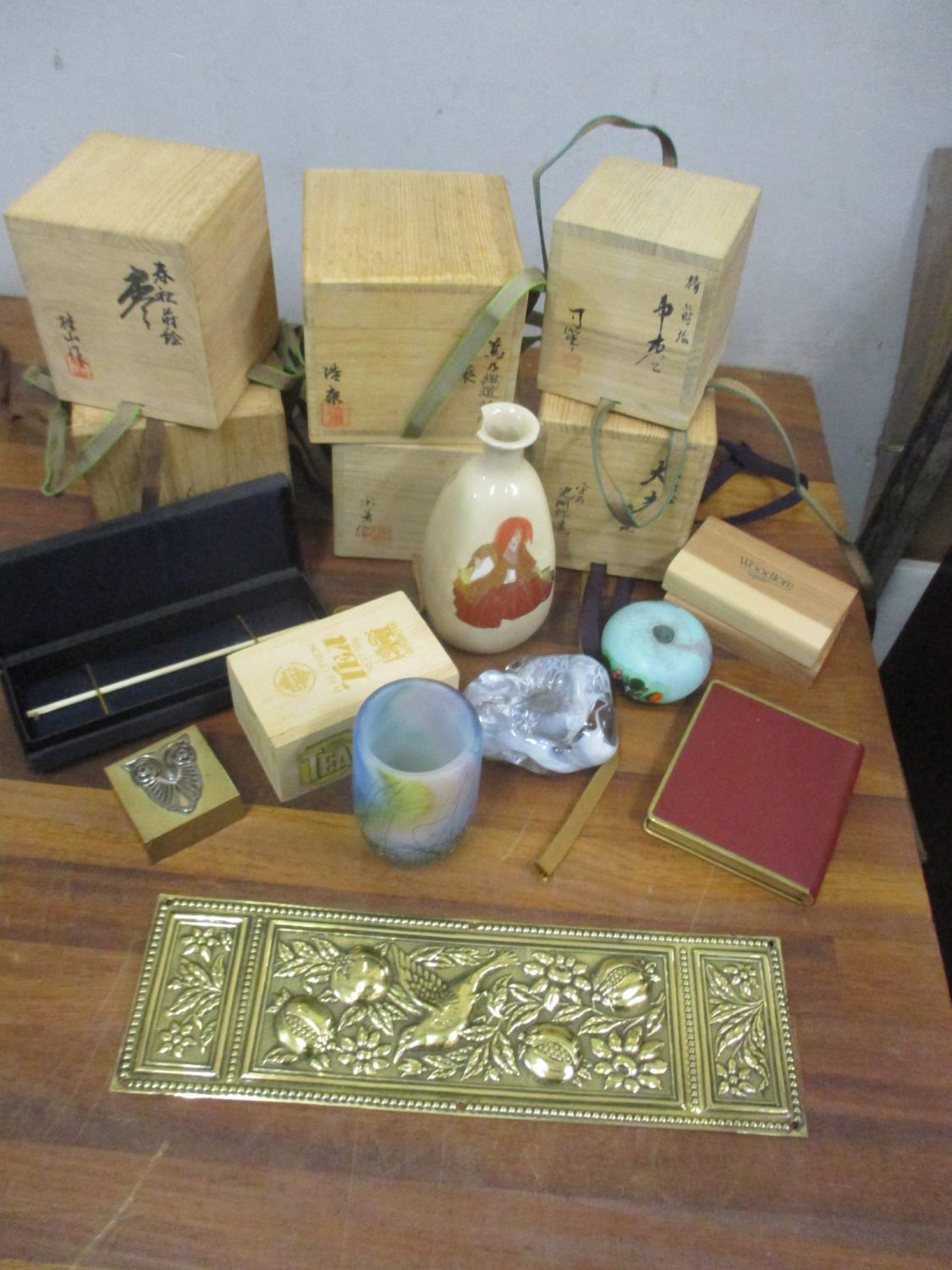 A selection of wooden presentation boxes, two glass paper weights, one signed, a late Victorian door