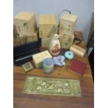 A selection of wooden presentation boxes, two glass paper weights, one signed, a late Victorian door