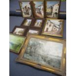 A group of Continental tourist oils on board of street scenes, buildings and harbour scenes (8)