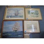 WK - a marine painting depicting a three masted sailing ship, the lightening, watercolour, artist