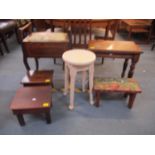 A mixed lot of small furniture to include an Edwardian inlaid music stool with hinged padded seat, a