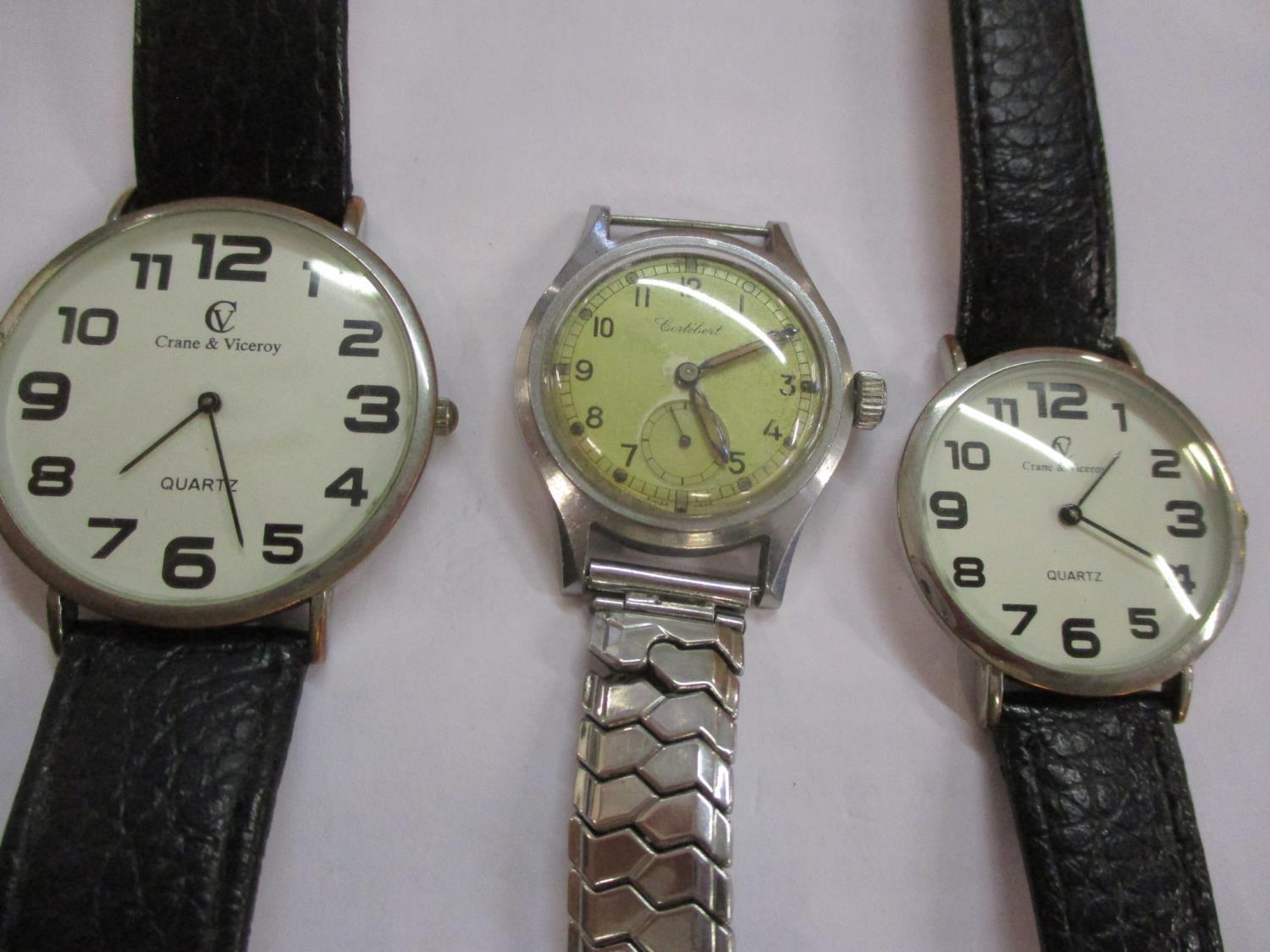 A Cortebert military watch (strap A/F) together with his and hers Crane & Viceroy wrist watches,