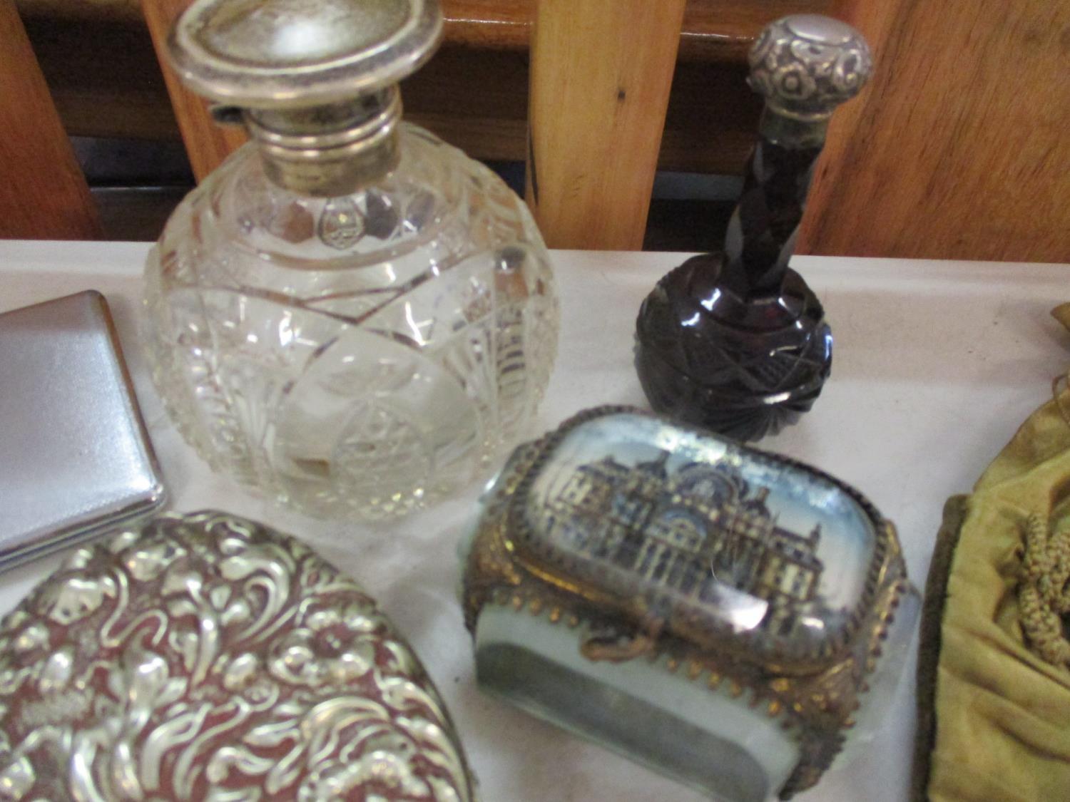 A sterling silver topped and cut-glass perfume bottle and another together with a small silver - Image 3 of 5