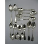 A collection of Victorian silver spoons, comprising a pair of serving spoons by James Beebe,