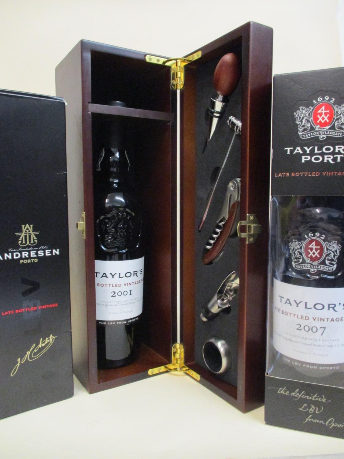 Three bottles of late bottled Port to include Taylors 2001 and Taylors 2007, Andresen