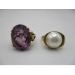 A 9ct gold and amethyst ring, size O, together with a 9ct gold and mabe pearl ring, size Q 1/2,