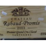 Twelve cased bottles of Chateau Rabaud-Promis 2003 Sauternes Premier Grand Cru Classe Location RAM